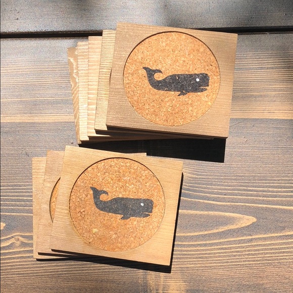 Other - Rustic Wood & cork Center Whale Coaster Set